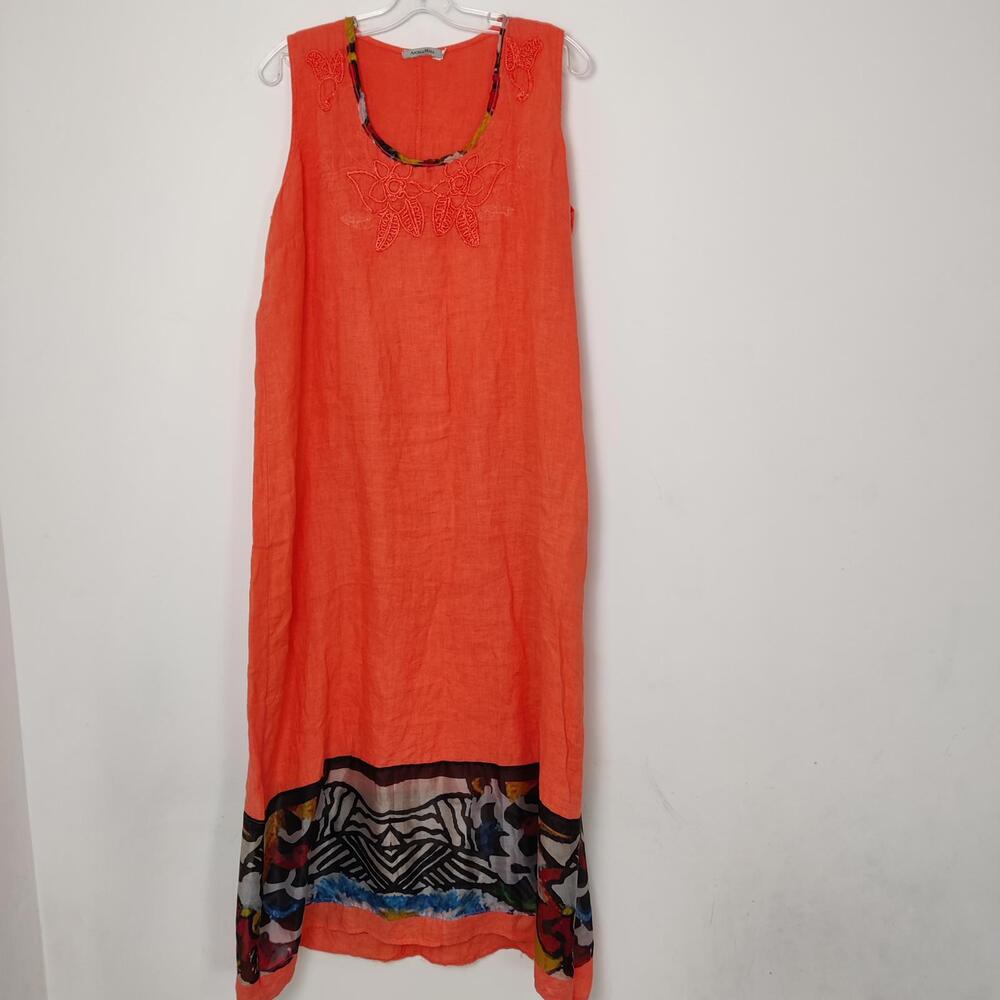 Sleeveless Orange Maxi Dress with Embroidered Neckline